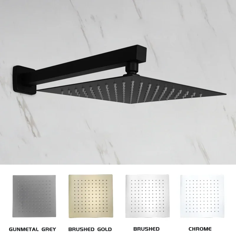 Black Chrome Brushed Gold Grey Square Rain Shower Head Ultrathin 8 10 12 Inch Choice Bathroom Wall Mount Shower Arm Top Spraying