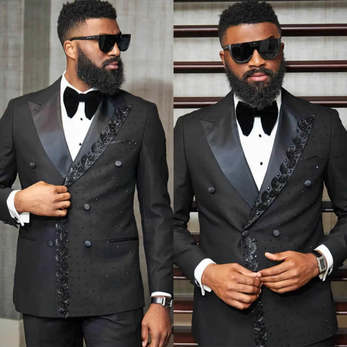 Luxurious Beaded Embroidered Men Suits 2 Pieces Double Breasted Wedding Groom Tuxedos Party Banquet Customized