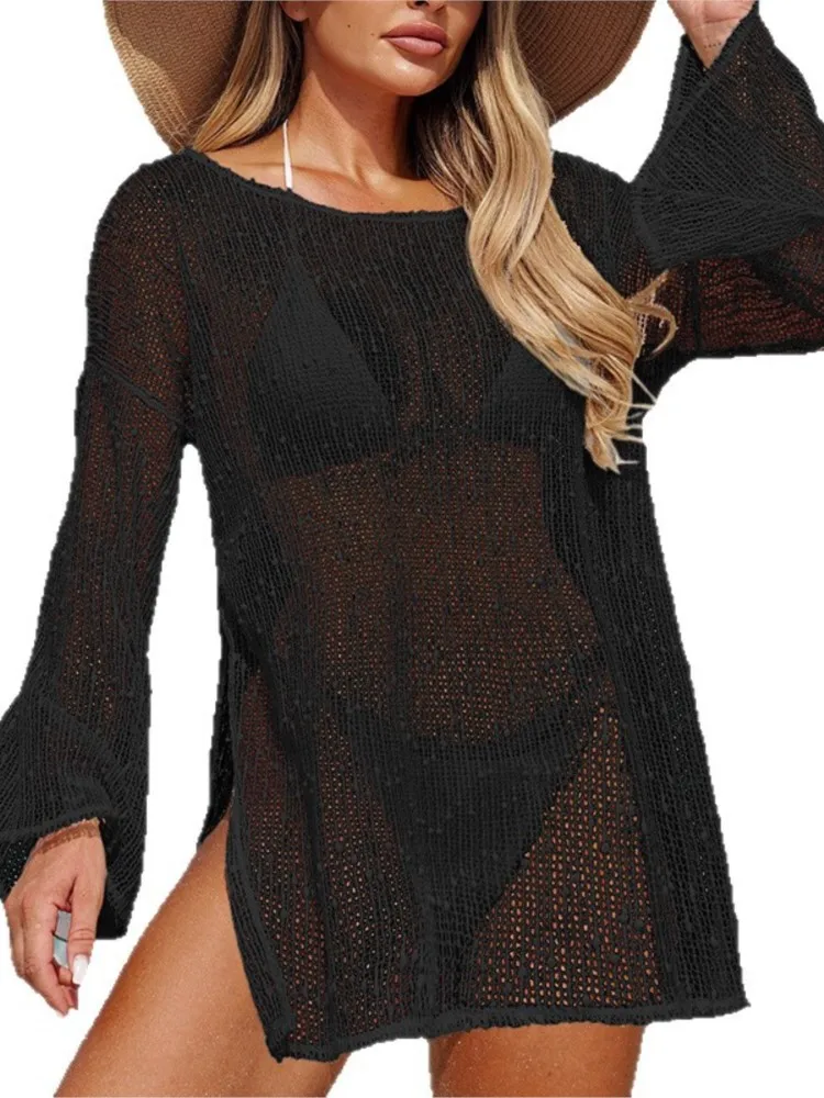 قطعة واحدة مثير المرأة متماسكة الشاطئ شق فستان قصير الجوف التدريجي س الرقبة طويلة الأكمام بيكيني الاخفاء الخريف فستان مناسبات 2026 الصيف #5