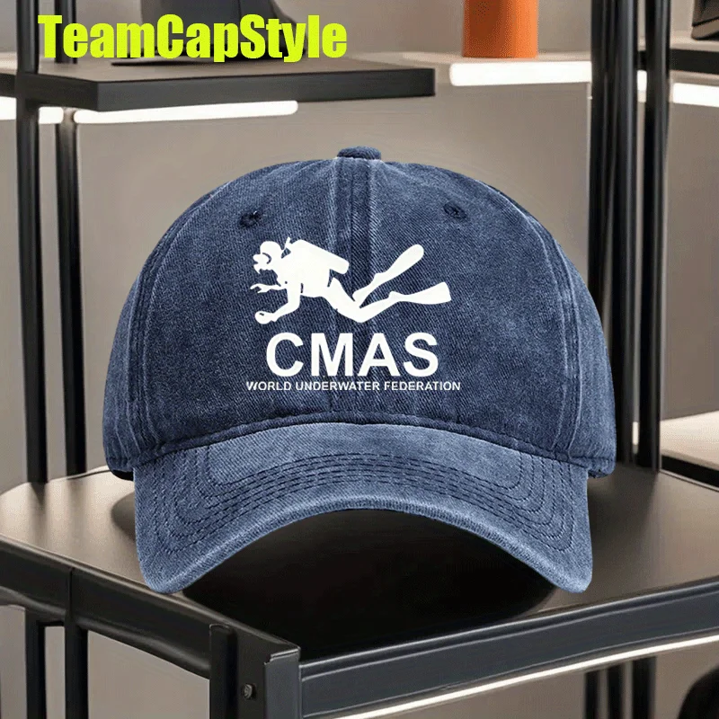 A Vintage Washed Print Baseball Cap for CMAAS Diving Enthusiasts - Adjustable Snapback, Sporty, Made of, Featuring a Black Desig