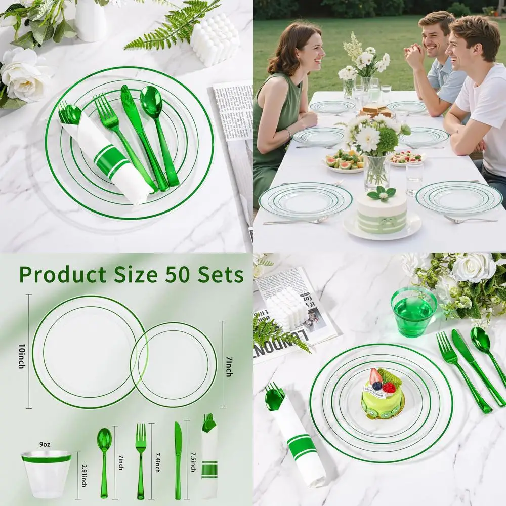 

Set of 350 Green Plastic Dinnerware for 50 People: 50 Clear Plates, 50 Dessert Plates, 50 Napkins & Cutlery, 50 Cups
