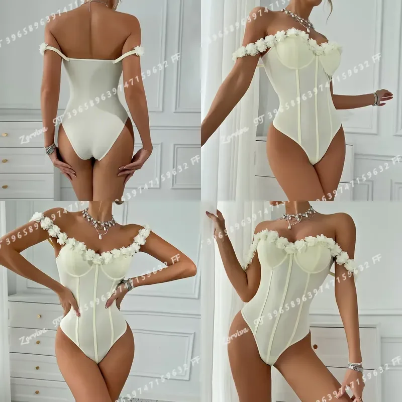 Women Apricot Floral Off Shoulder Bodysuit Sheer Mesh Corset Style Form Fitting One Piece Top for Party