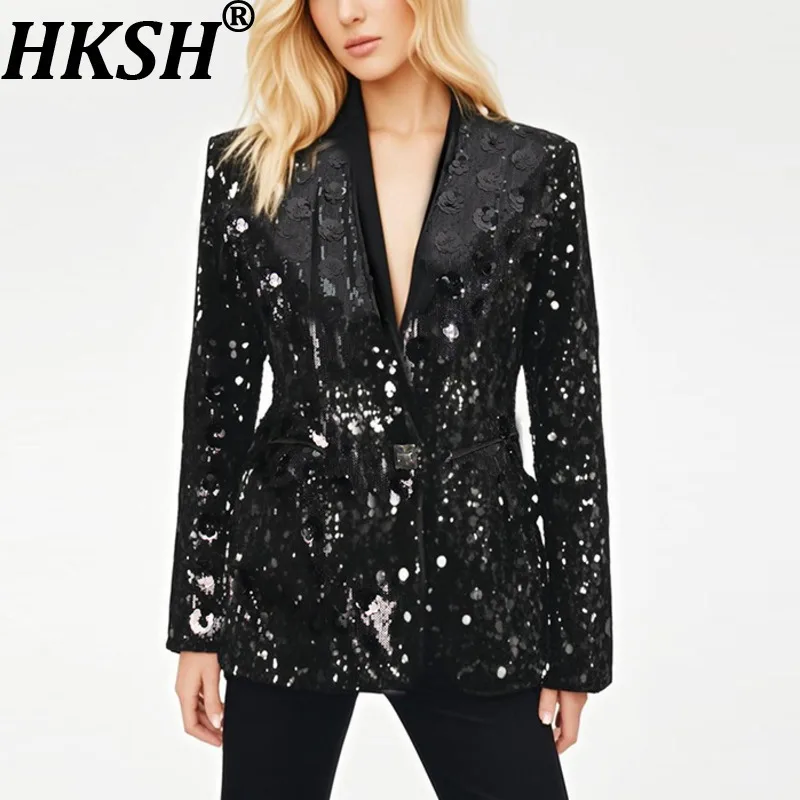 

HKSH Осенний новый женский модный пиджак с блестками и v-образным вырезом на одной пуговице на талии, элегантное модное офисное женское шикарное пальто Ins HK9960