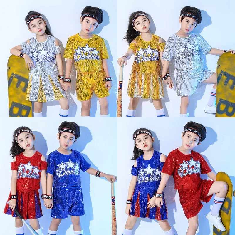 Nuevos trajes de porristas modernos para baile de Jazz para niños, trajes de baile callejero con lentejuelas para niños y niñas, trajes de baile de Jazz de Hip-hop