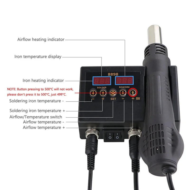 8898 Soldering Station 2 in 1 Hot Air Soldering Iron LCD Digital Display Welding Station for BGA PCB IC Repair US Plug