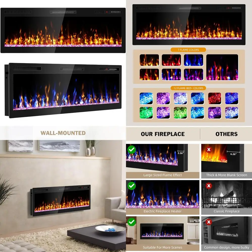 

50 Inch Wall-Mounted Electric Fireplace with Remote, Adjustable Color Flames and Timer Feature