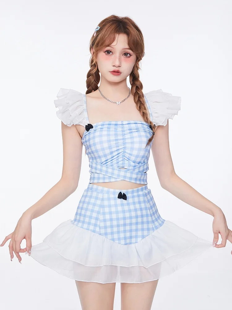

Купальник Mimoi Closet Pure Desire в клетку, раздельный, для женщин, для пляжа, с квадратным вырезом, в стиле Sweet Sister