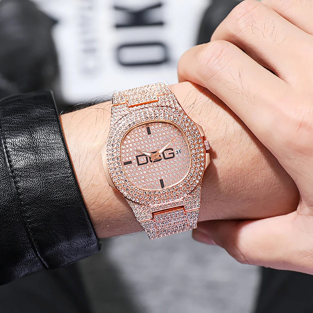 2025 Watch Luxury Full Star Diamonds Calendar Quartz Watches Fashion Rose Gold Stainless Steel Male Hip Hop Large Dial Clock