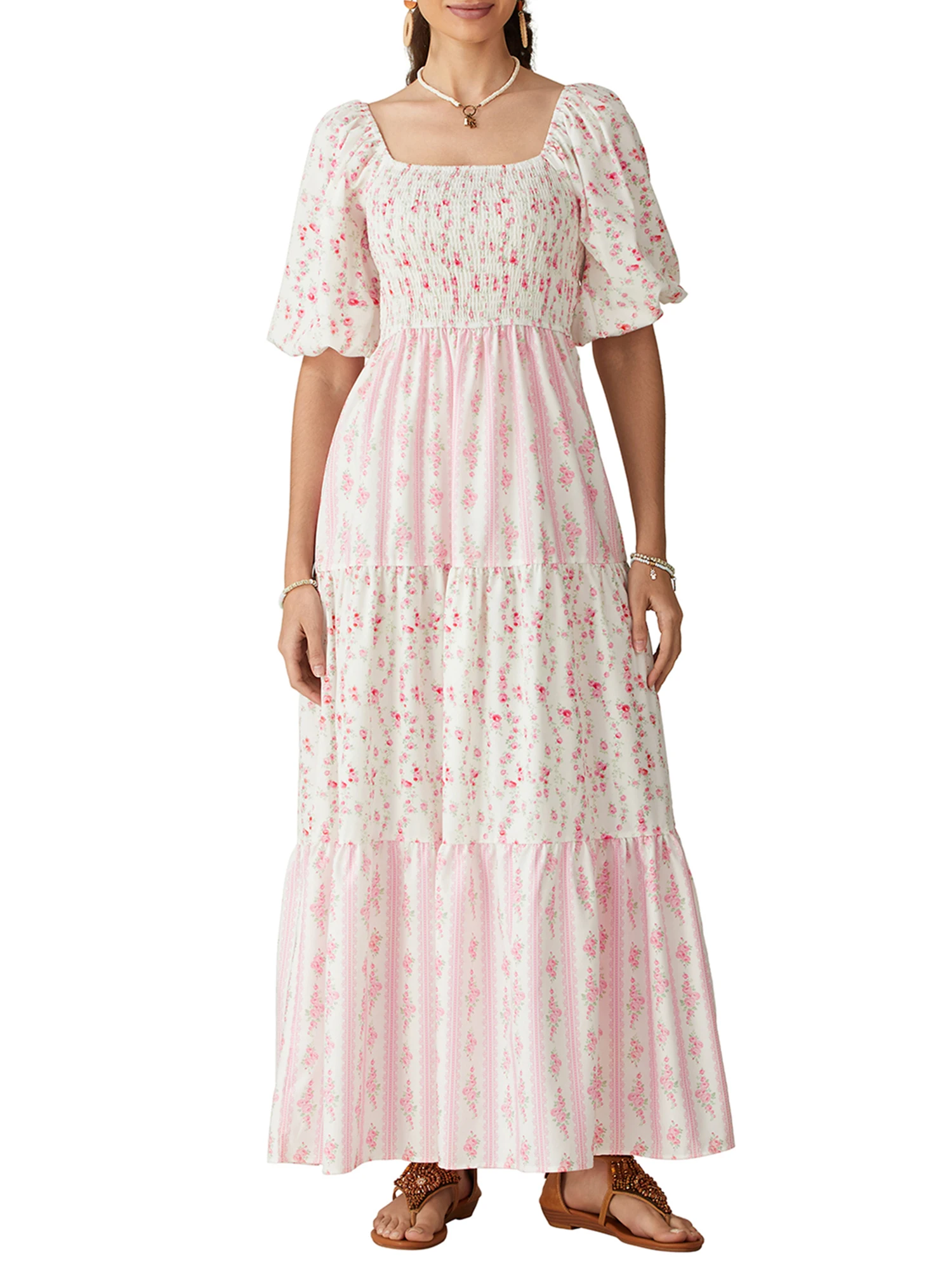 فستان ماكسي أنيق بطبعة زهور عتيقة وأكمام قصيرة ورقبة مربعة مثالي للأزياء الصيفية غير الرسمية