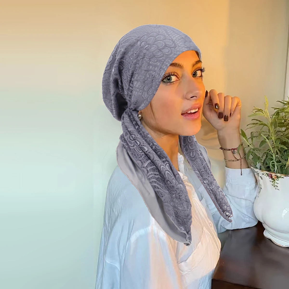 Double-Layer Laceผู้หญิงHijabนุ่มยืดหยุ่นจีบผ้าพันคอหมวกBreathableหมวกผมแฟชั่นTurban Bonnet
