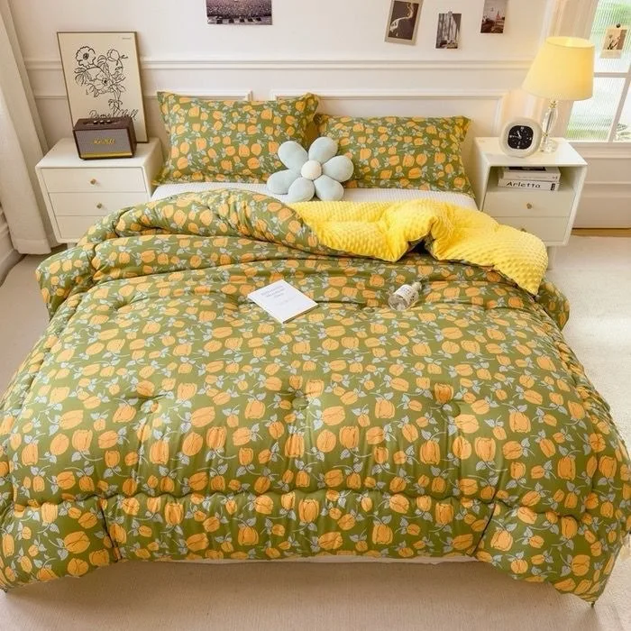 Vintage Floral Double Layer Gauze Bean Fleece Quilt, Soft Skin-friendly Reversible Duvet Insert, Machine Washable Home Bedding