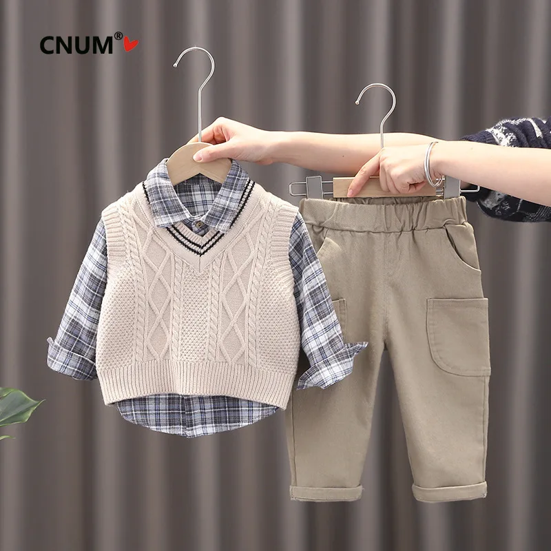 Boys' Spring New Vest Three-Piece Set Baby Boy Sweater Shirt Long Pants Korean Style Outfit Clothing Suits