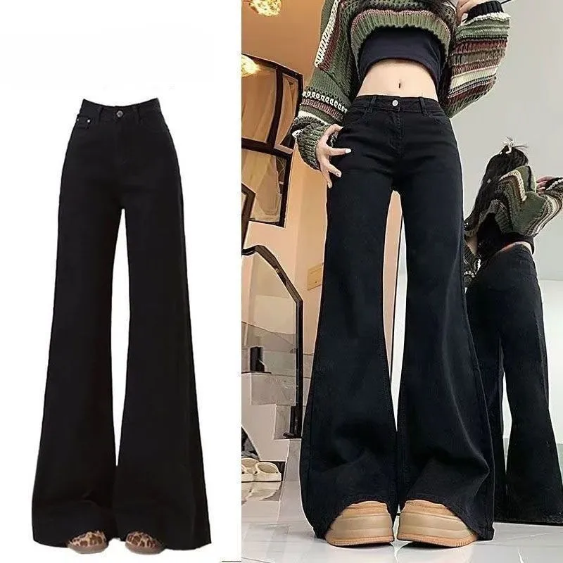 

Bootcut Jeans Black Y2K Women Regular 90S Minimalism Leisure Gradient Denims Basics Middle Waiste Business Formal Slant Autumn