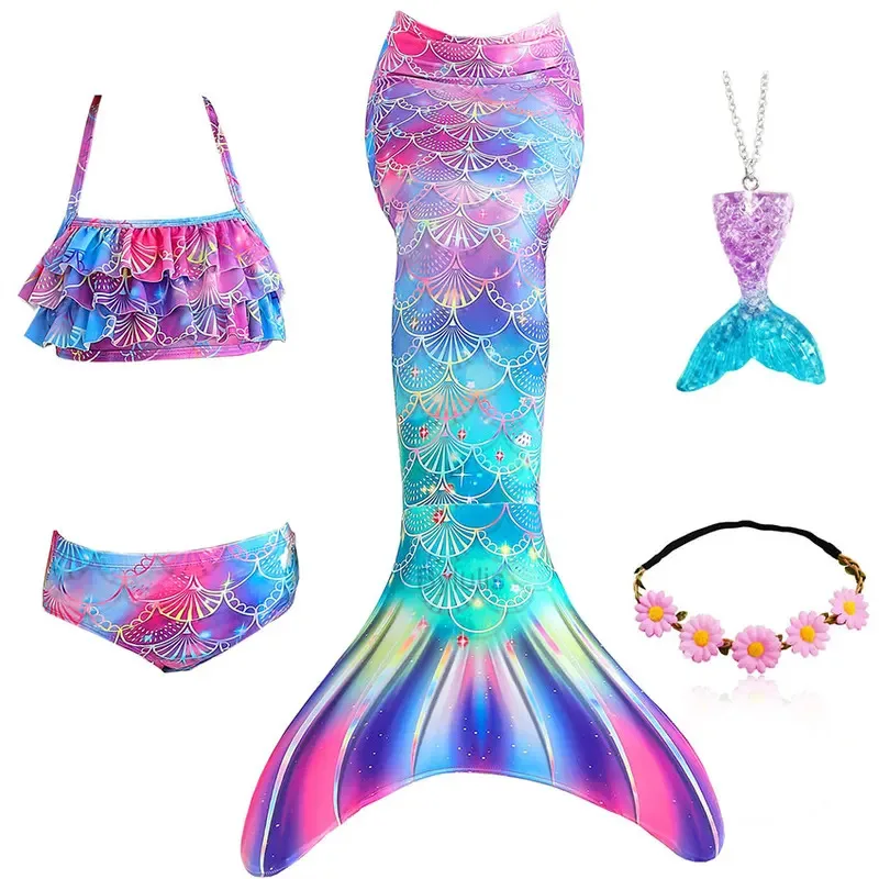Mermaid Tail Swimsuit Costumes for Girls Swimming Kids Little Mermaid Costume Cosplay Children's Beach Clothes Can Add with Fin