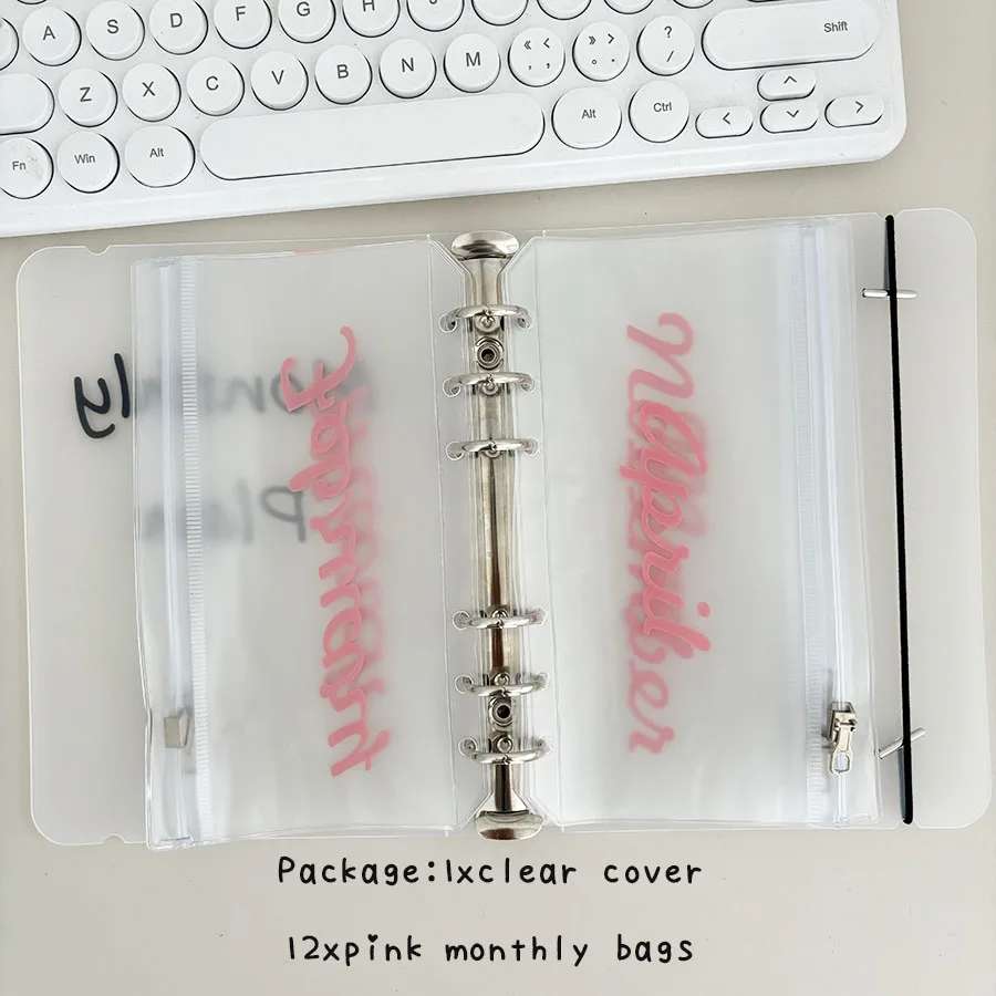 A6 Loose Leaf Monthly Zipper Bag Cash Budget Envelope Binder Ticket Receipt Storage Bag Wealth Management Gift Set 1 cover + 12