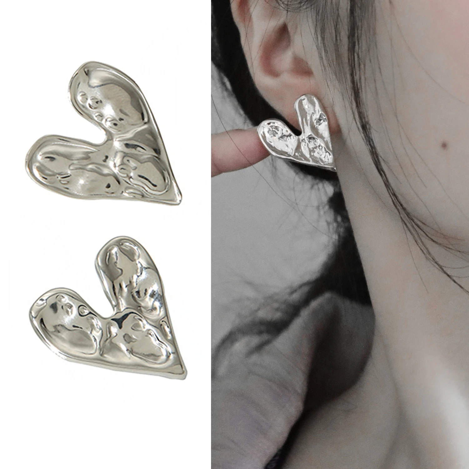 Design Sense Concave Convex Uneven Gold Color Heart Earrings Korean Fashion Jewelry Party Unusual Accessories for Women's Gift