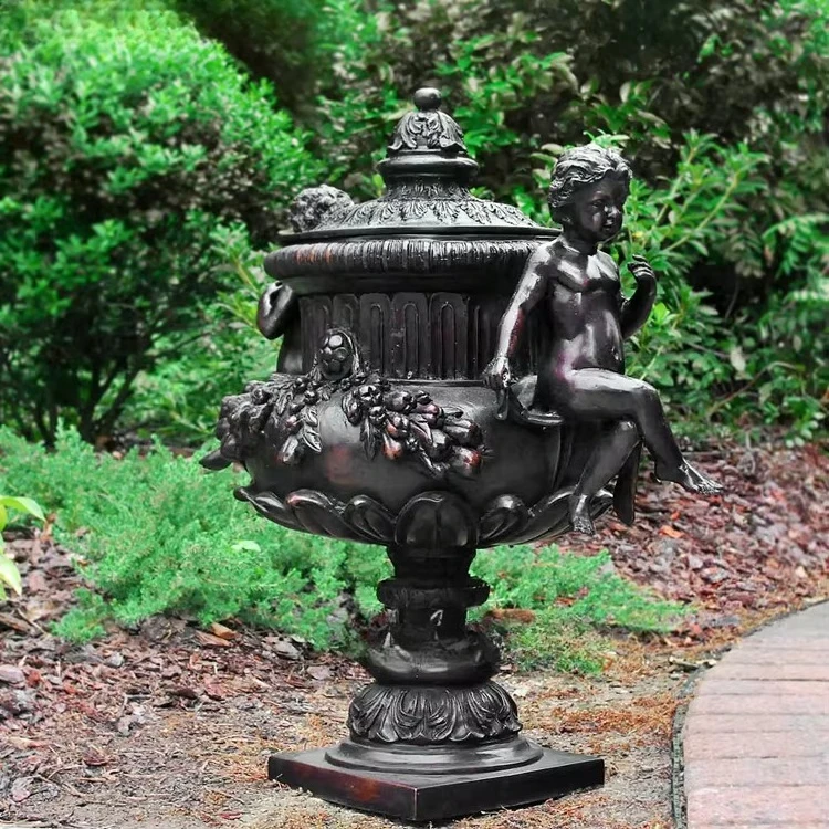 Outdoor Garden Antique Brass Copper Angel Statue Bronze Vase Flower Pot
