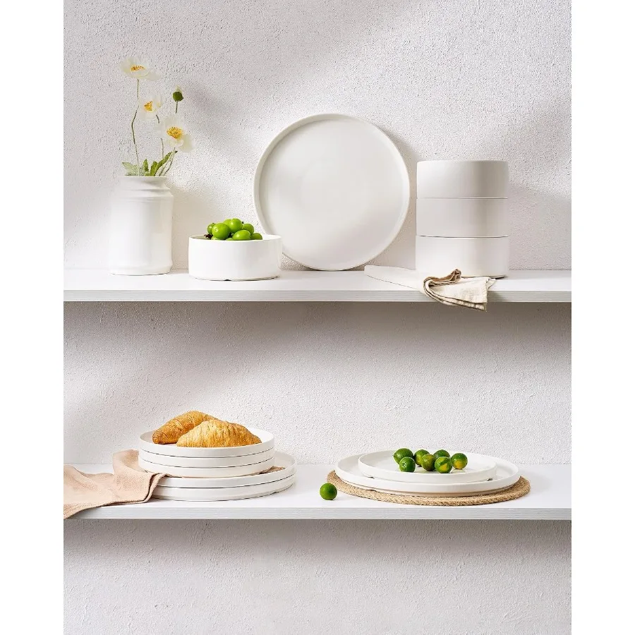 طقم أواني طعام بورسلين حديث 24 قطعة مع أطباق وأطباق لـ 8 أشخاص طقم أدوات مائدة بيضاء آمنة للاستخدام في الميكروويف وغسالة الأطباق