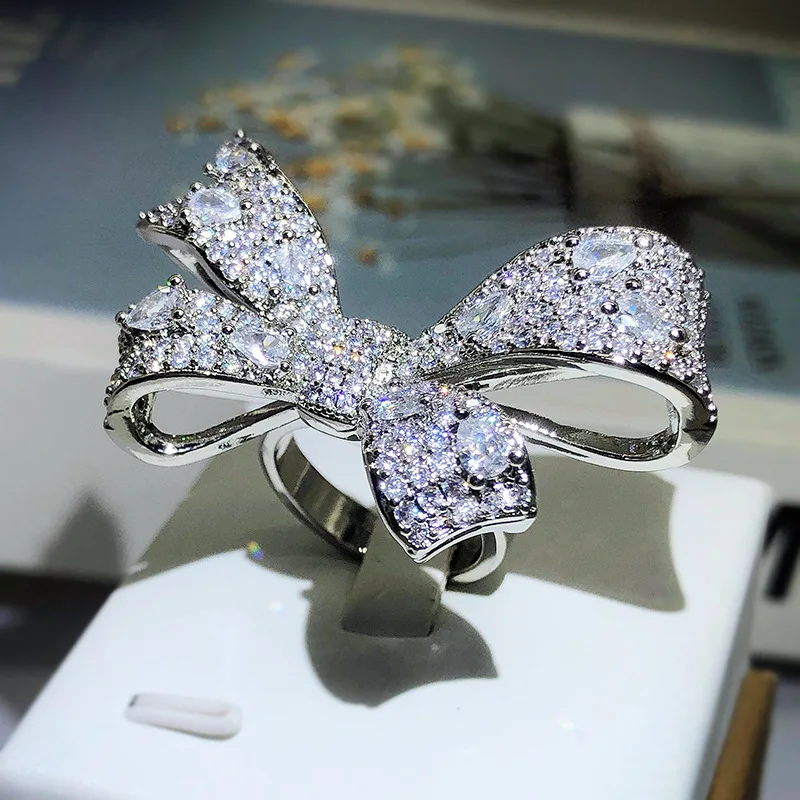 2022 nowych moda duża kokarda biały cyrkon pierścień panie 925 znaczek Wedding Party biżuteria rocznicowa prezent