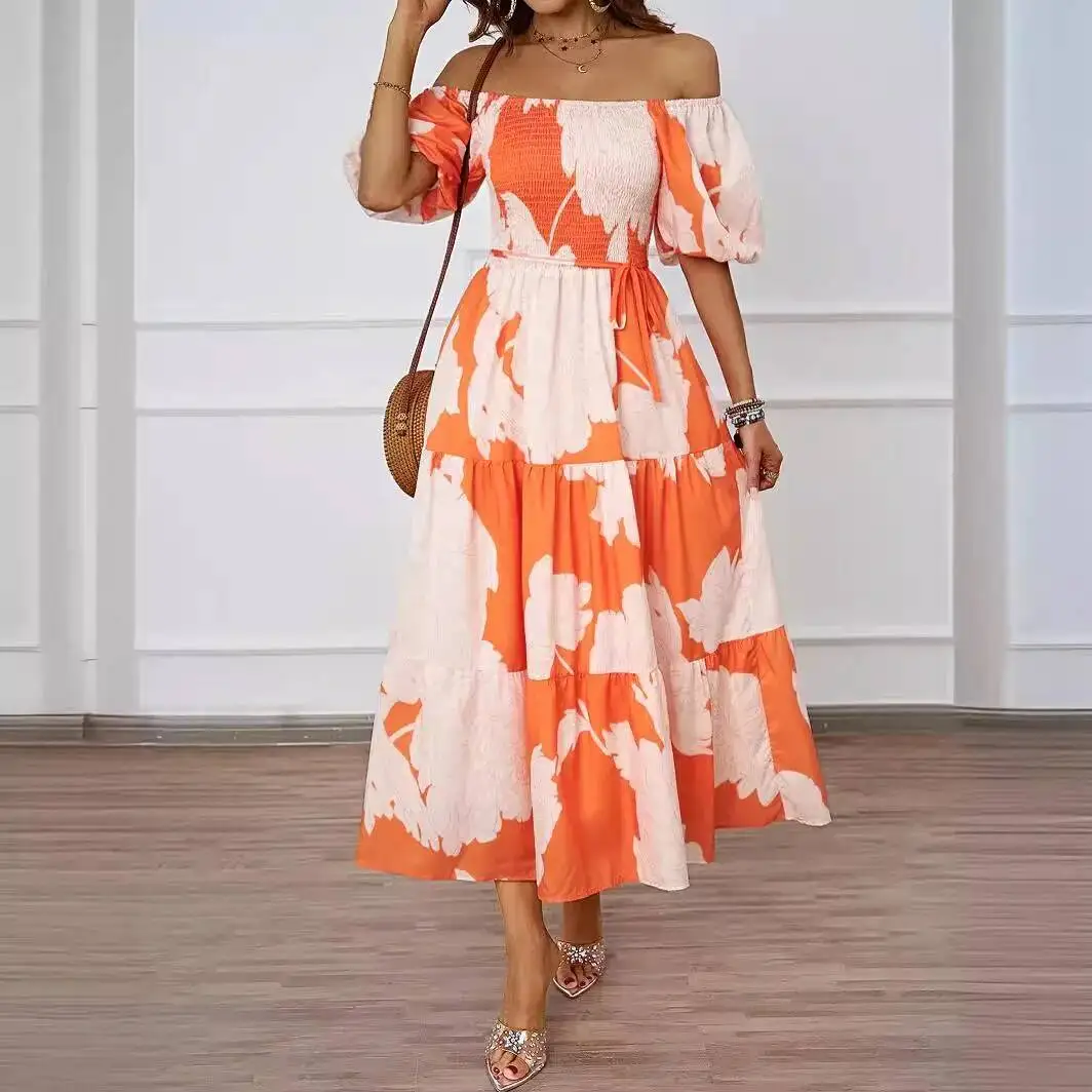 

Printed Summer New Elegant Off-Shoulder Puff Sleeve Fashion Flared Dress