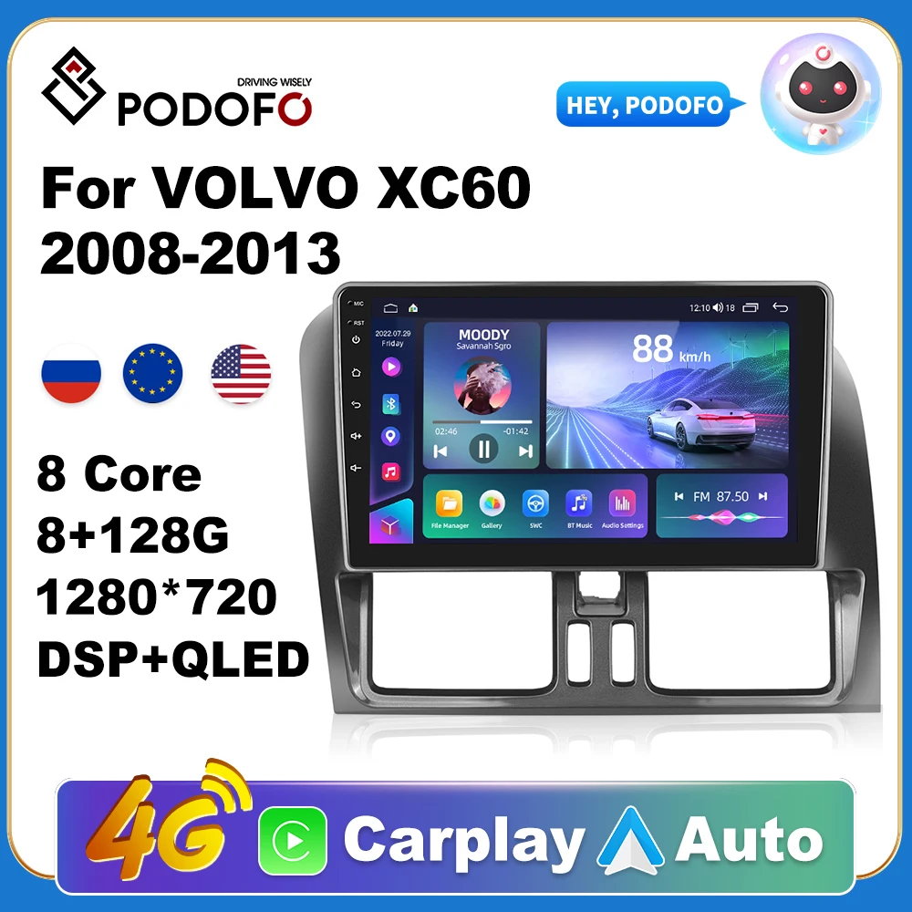 Podofo AI Voice Android Carplay Car Radio For VOLVO XC60 2008-2013 2din Android Auto 4G Multimedia Navigation GPS Autoradio DSP