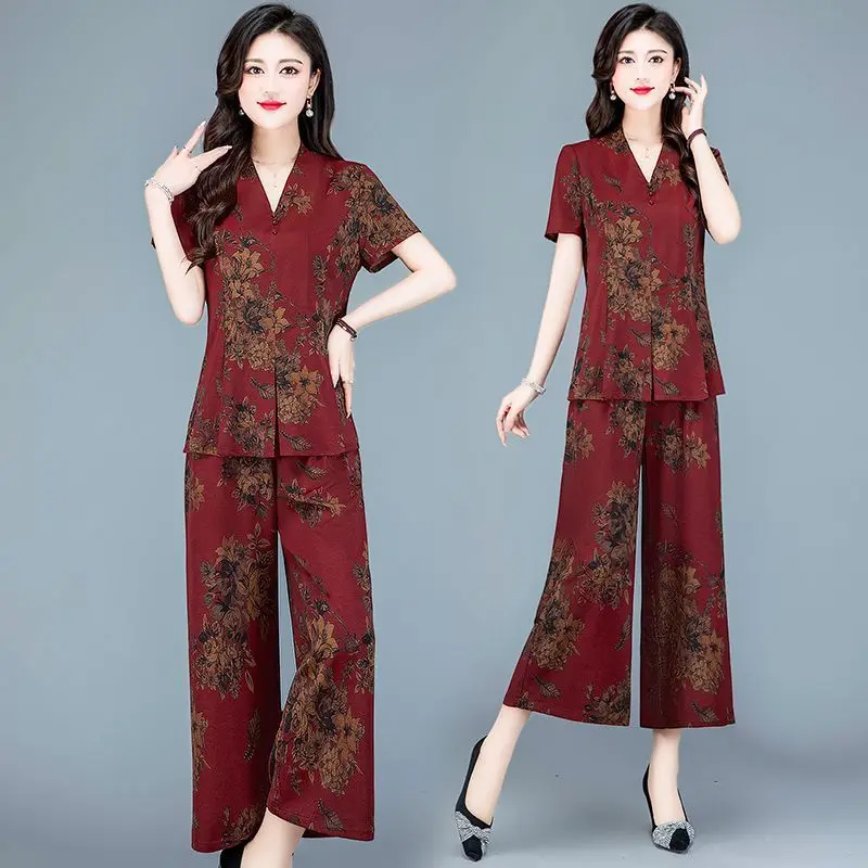 Women\'s Printed Casual Suit 2024 Summer New Style Loose Thin Close The Waist Corp Top And Wide Leg Pants Two Piece Set For Women