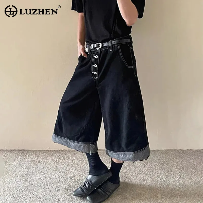

LUZHEN 2025 Summer New Original Patchwork Design Straight Cropped Denim Pants Men's Trendy Street Loose Handsome Jeans JY2810