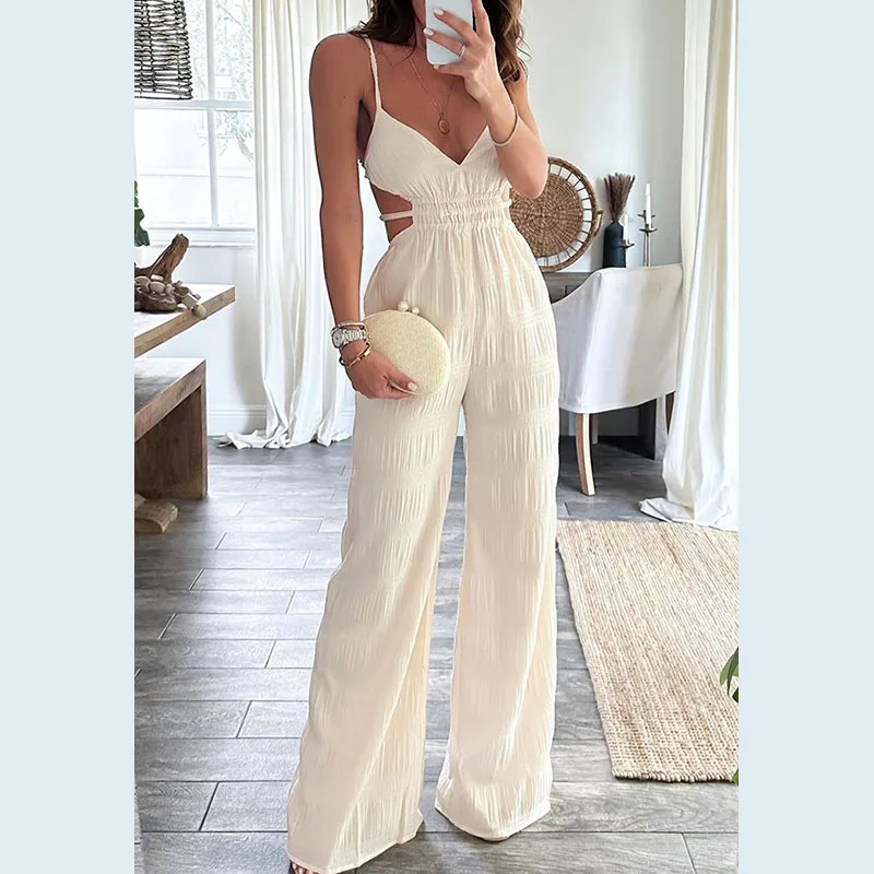 

New Backless Textured Slim Jumpsuit Female Sexy V-neck Hollow High Waist Romper Fashion Sleeveless Summer Suspenders Playsuits