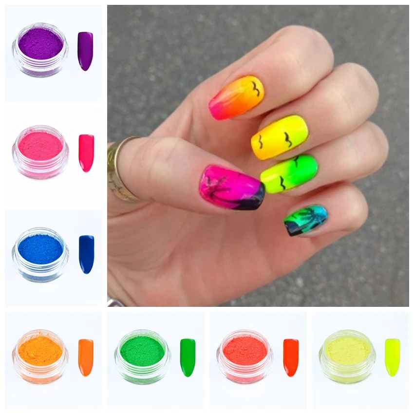 NEW 7Boxes Set Bright Color Neon Effect Pigment Powder Fluorescent Nail Art Glitter Powder Dust Gel Pigment DIY Decoration FPB29