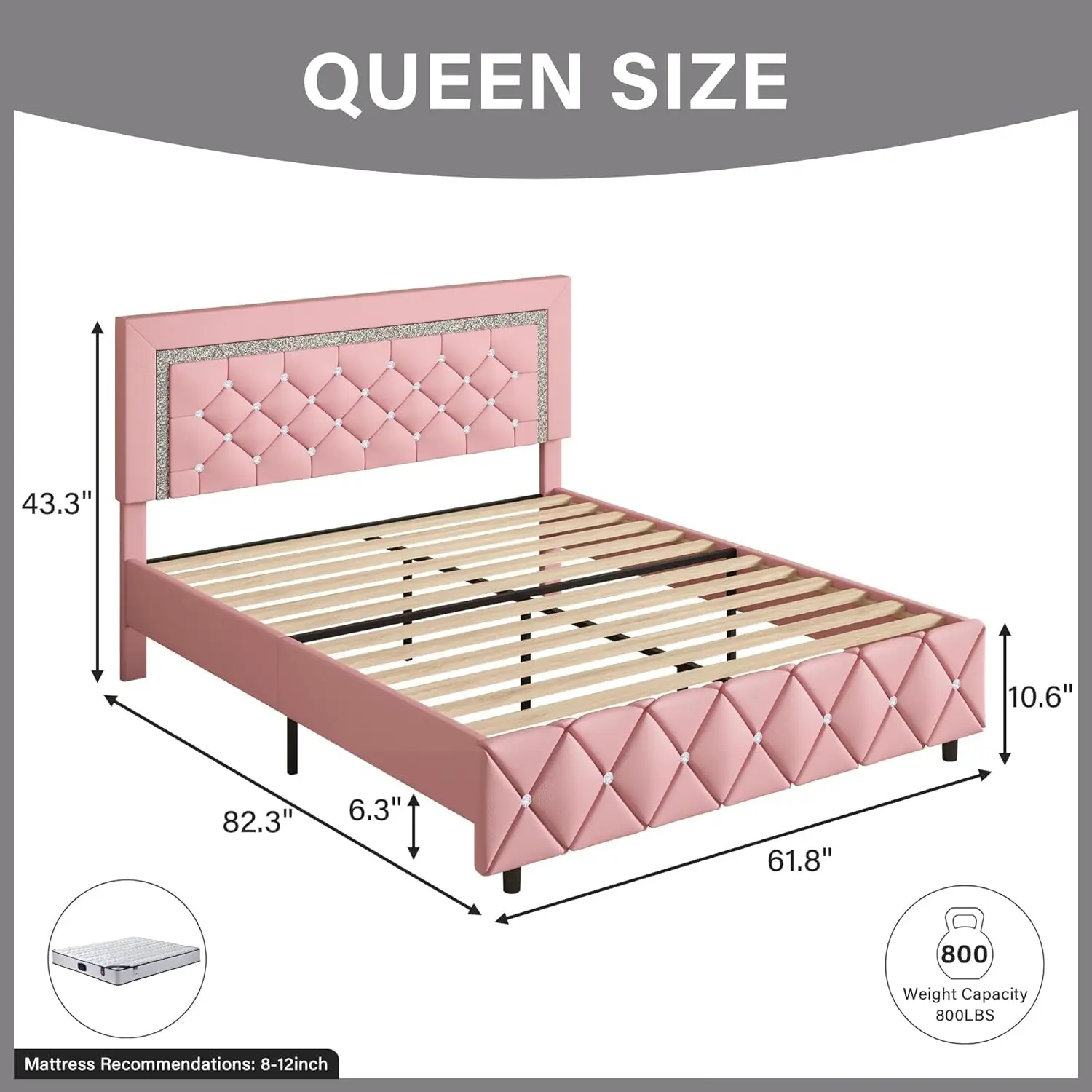 Queen Size Bed Frame, Upholstered Platform Bed with Button Tufted Headboard - Princess Platform Bed with Crystal Design-