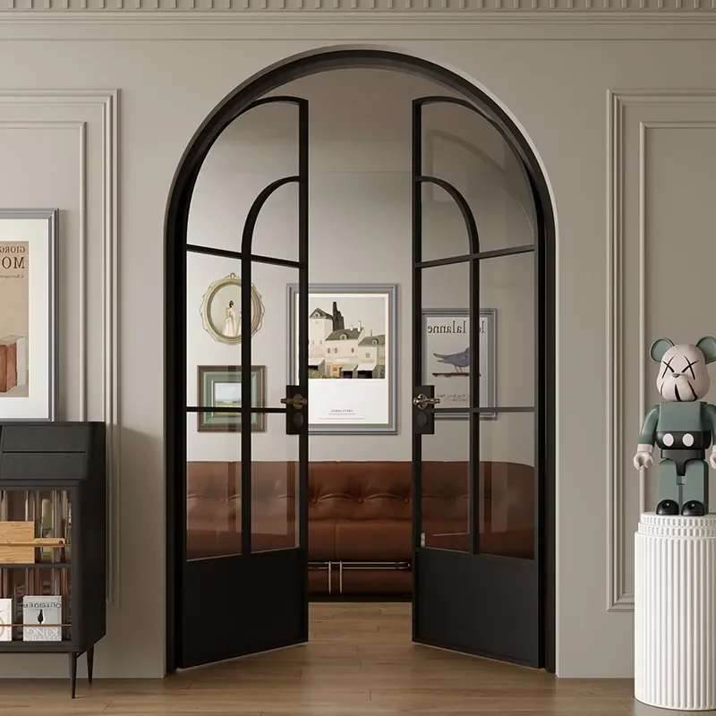 Whole House Customization Ultra Narrow Retro Black Aluminum Alloy Double Door Circular Arc Arch Old Steel Window French Style