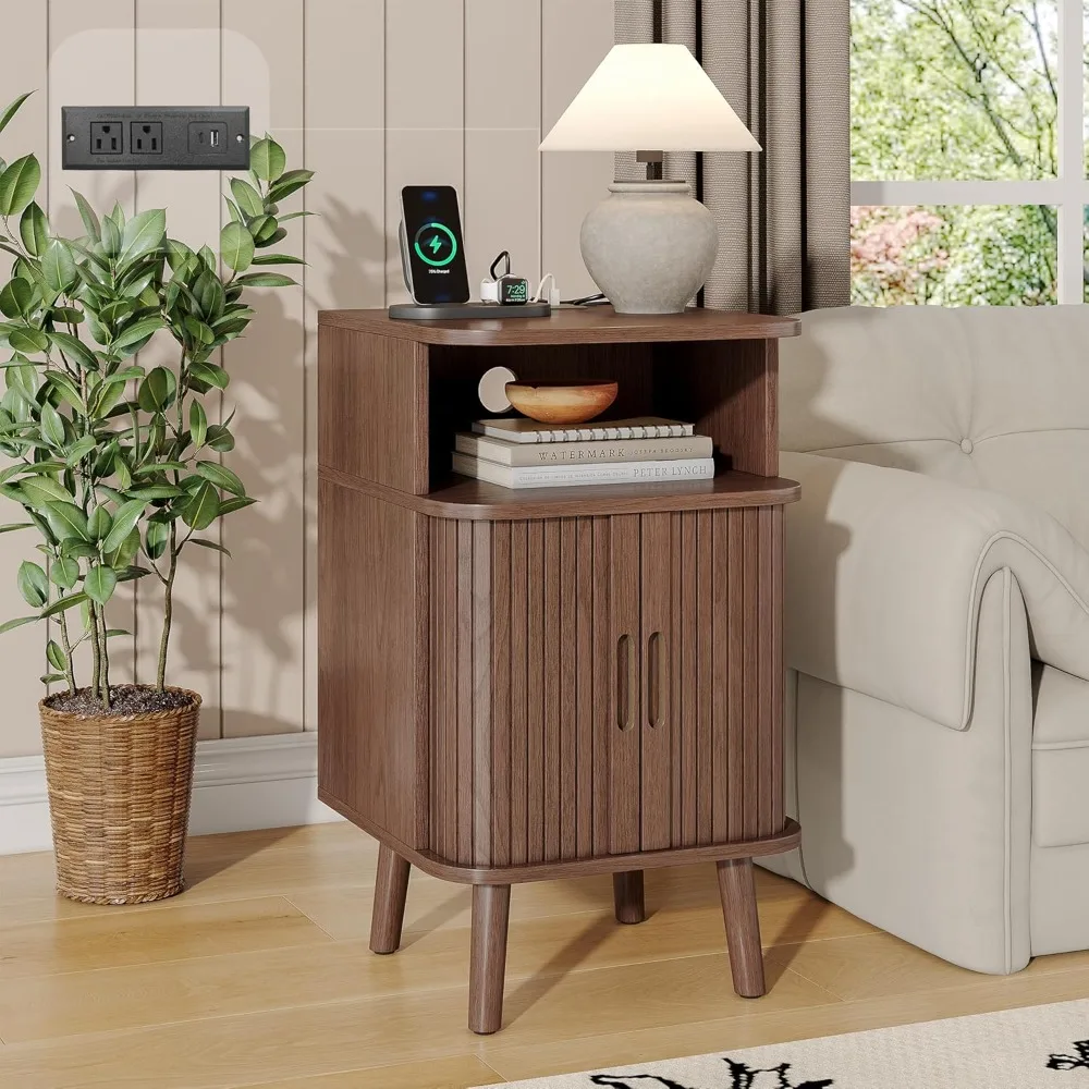 

Alohappy Fluted Nightstand with Charging Station, Mid Century Modern End Table with Sliding Tambour Doors, Curved Accent Wood Be
