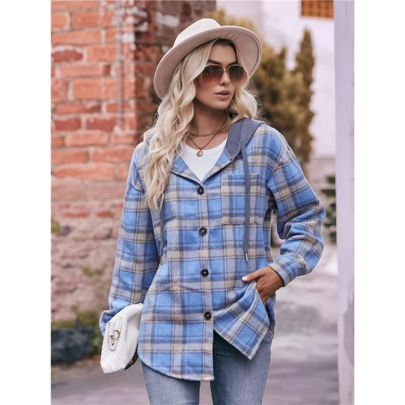 

ABRT-Women's Flannel Plaid Hoodie Long Sleeve Jacket Button Drawstring Casual Fall Shirts With Pocket
