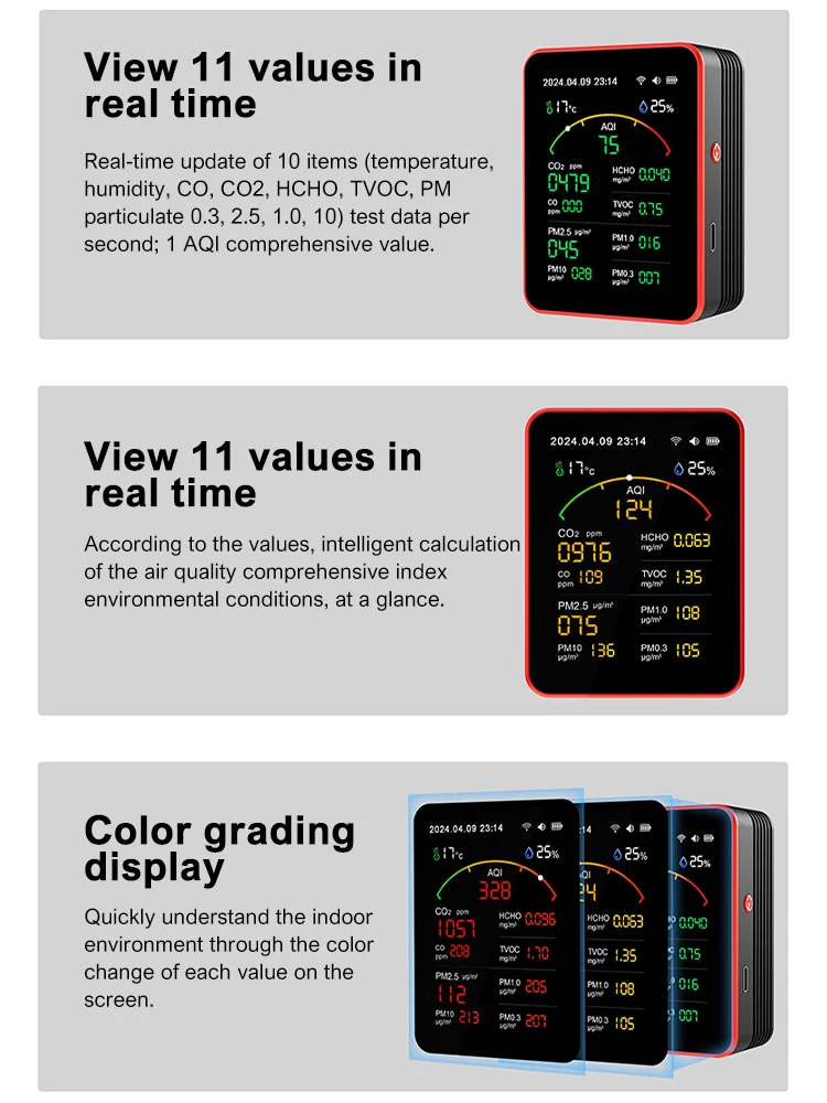 Tuya-室内空気品質モニター,15 in 1,wifi,aqi,pm0.3,pm1.0,pm2.5,pm10,温度および湿度計