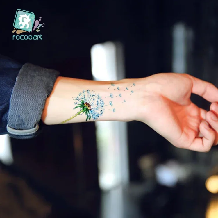 Rocooart ดอกไม้สักชั่วคราวที่มีสีสัน Dandelion tatuagem มือปลอมสักสำหรับสาว tatouage ผู้หญิง taty แฟลช