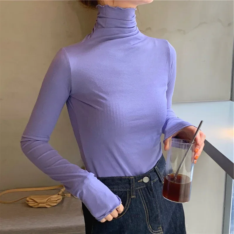 Spring Autumn Turtleneck T-shirt Women All-Match Top Shirt Soft Comfortable Inner Top Casual Long Sleeve T-shirt Office Wear