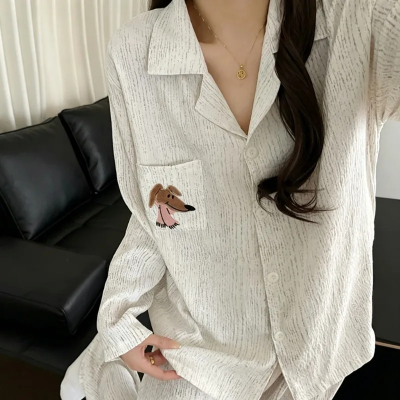 Dog Embroidery Cartoon Cute Pajamas Set Autumn Winter New Harajuku Style Kawaii Women Pajamas 2 Piece Set Casual Soft Home Wear