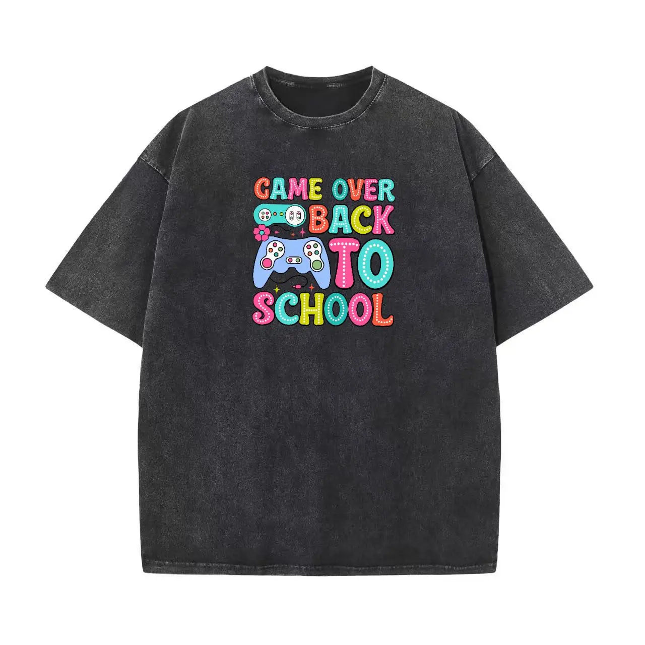 

Funny Game Over T-shirt Women Back To School Slogan Print Washed Graphic Tees Gamer Student Loose Streetwear Top