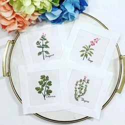 New Embroidered Herb Cocktail Napkin, Pure Linen, Lavender, Rosemary, Mint,Sage,Natural, Elegant, Tea Napkin, 15x15cm,
