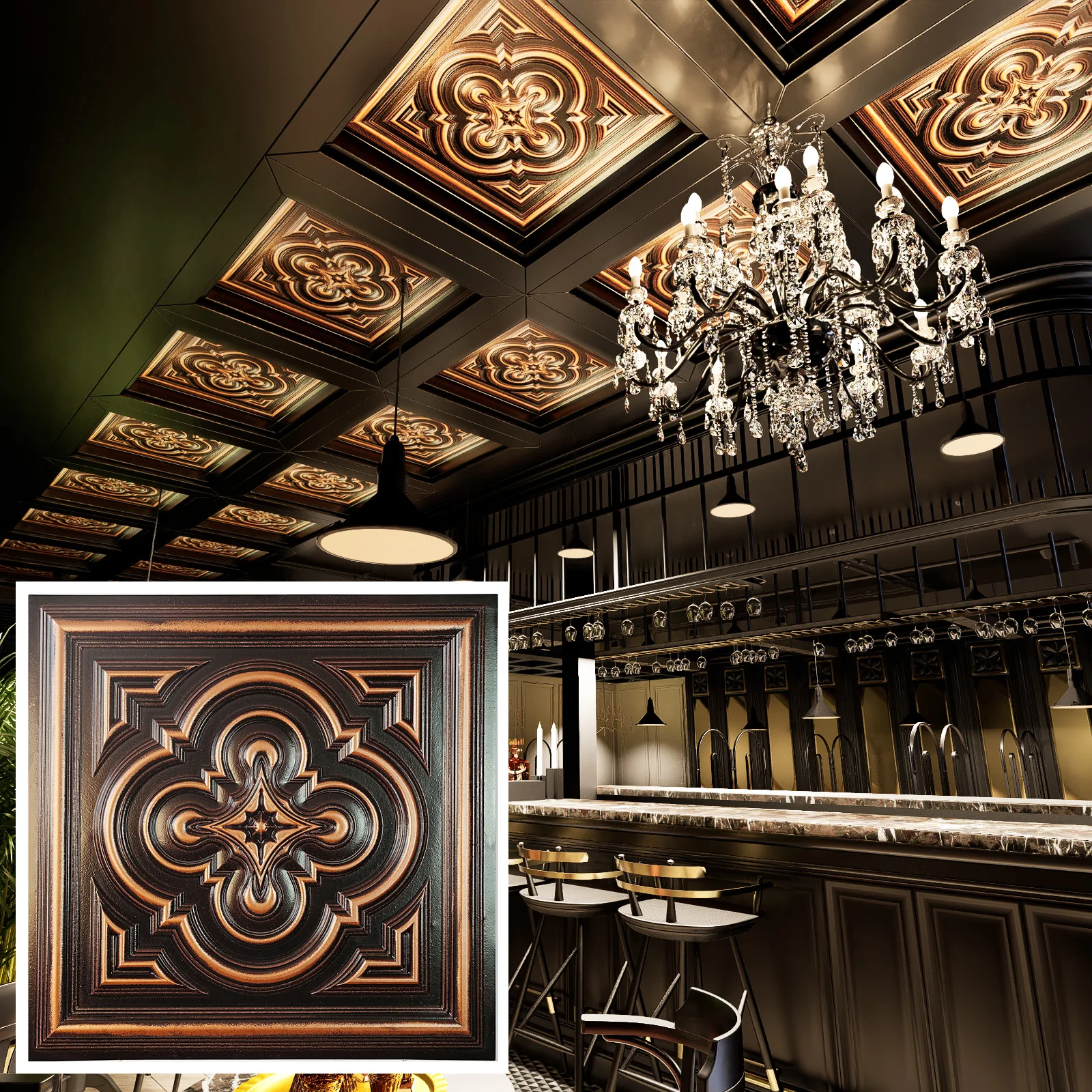 Decorative wall panels PVC Faux Tin Painting Tiles Handmade for Cafe Club Salon PL36 Traditional copper 10PCS