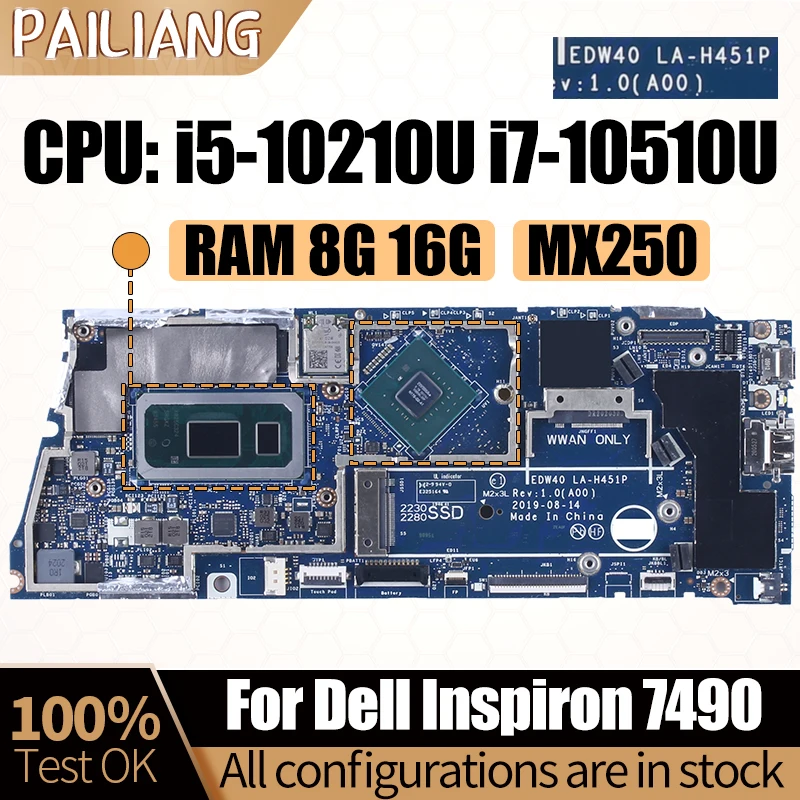 

For Dell Inspiron 7490 Notebook Mainboard LA-H451P i5-10210U i7-10510U MX250 With RAM 046V1H Laptop Motherboard Full Tested