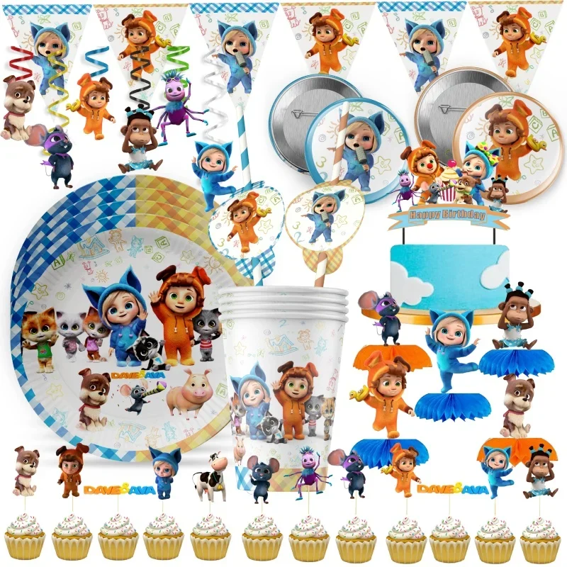 Articles de fête jetables sur le thème d'Anniversaire Dave et Ava : Gobelets en papier, assiettes, pailles, bannière, décorations de gâteau, guirlandes et fournitures de fête