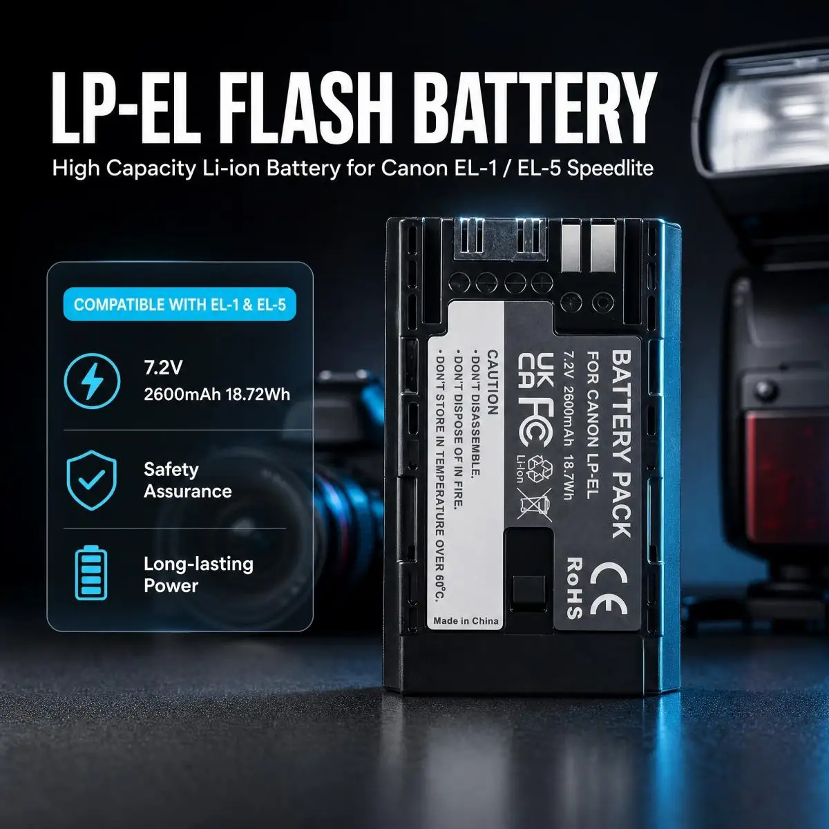 LP-EL 7.2V 2600mAh High Capacity Li-ion Replacement Battery For Canon EL-1 EL-5 Speedlite Camera Flash