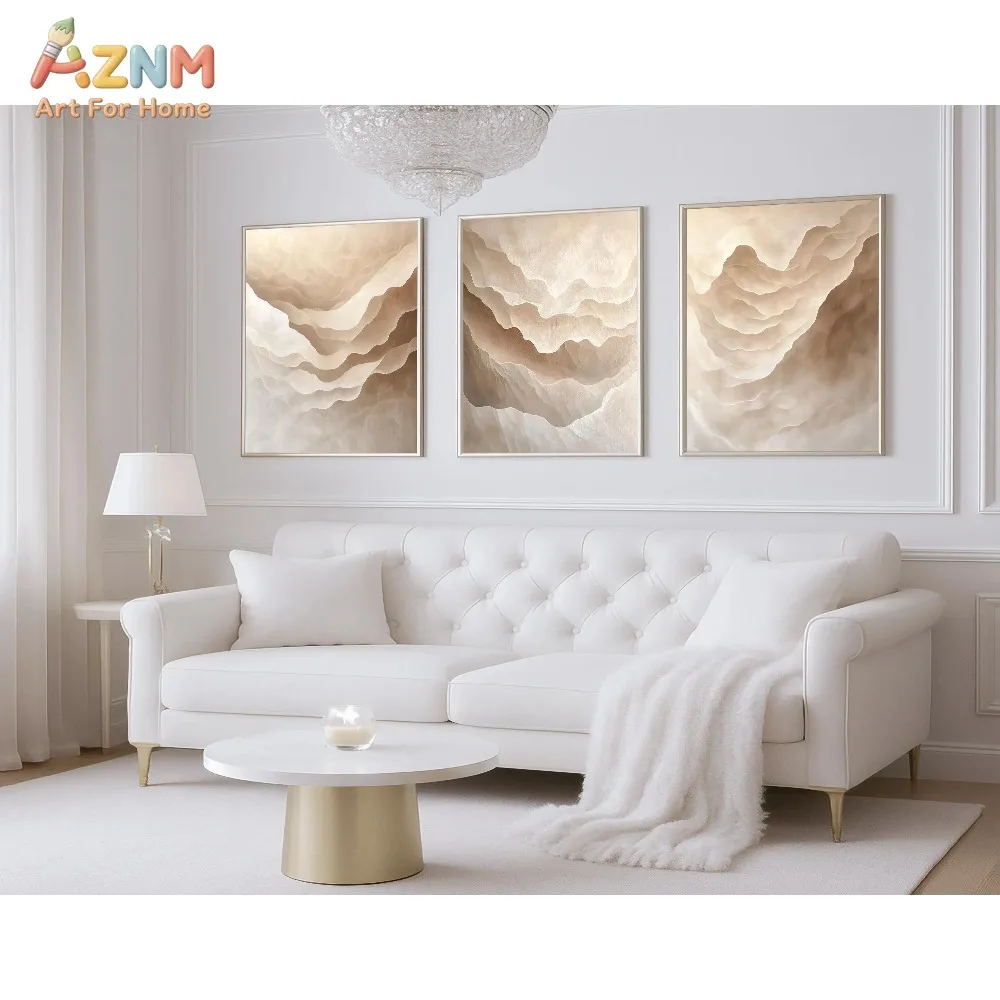 AZNM  Neutral Abstract Mountain Canvas Wall Art, Beige Watercolor Layer Wave Print Frameless Canvas Painting, Minimalist