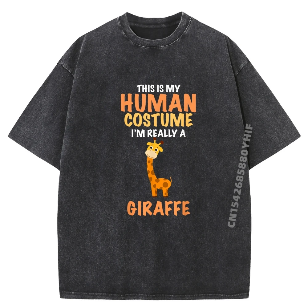 

This Is My Human Costume I'm Really A Giraffe Funny Anime T Shirts Mens Leisure Washed T Shirt Man Family