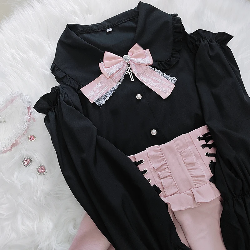 Kawaii Women Shirts Lolita Y2K Cute Japanese Style  Jirai Kei Blouse Elegant Long Sleeve Sweet Tops Casual Aesthetic Shirt 2024