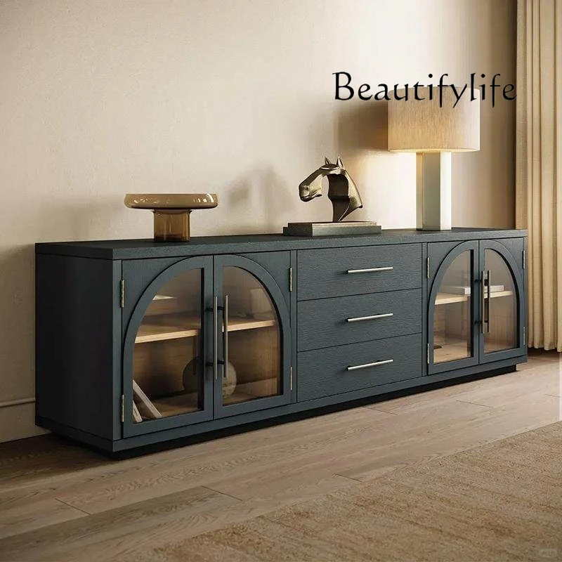 French retro solid wood TV cabinet medieval arched locker small apartment light luxury living room against the wall
