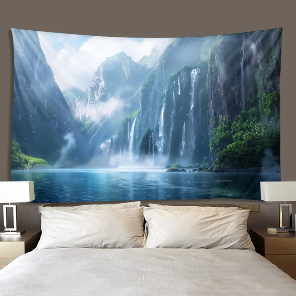 Green Natural Healing Forest Tapestries High Mountains Flowing Waterfalls Wall Hanging Art Decor Living Room Interior Decor