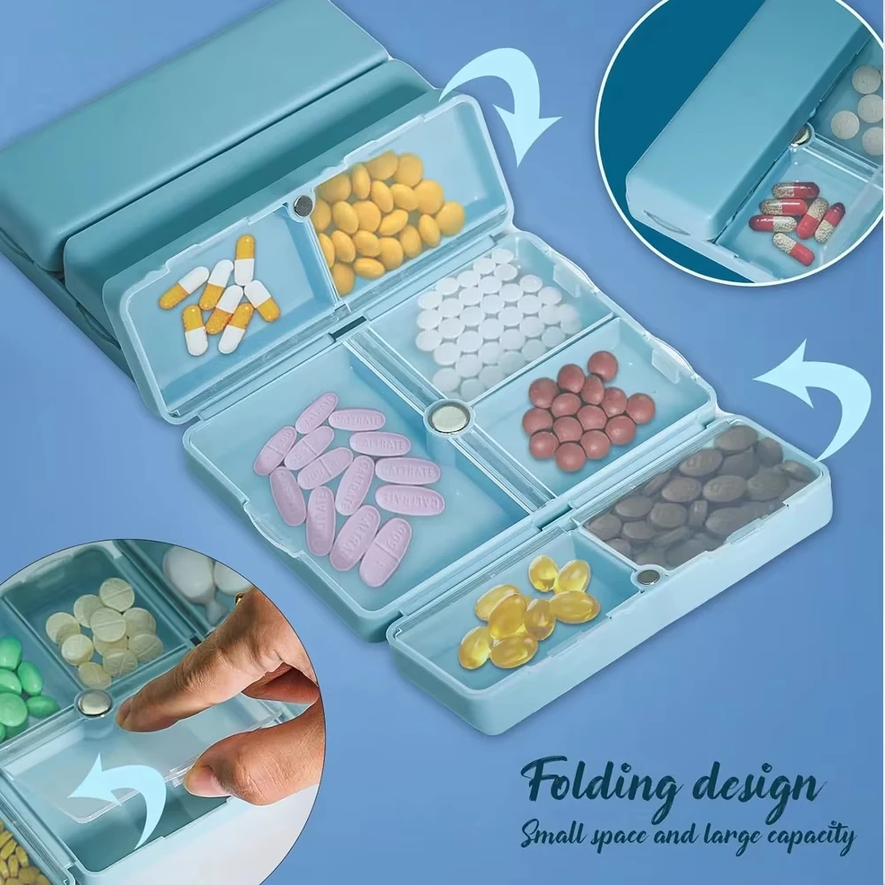 Organizador diário de comprimidos, 7 compartimentos, portátil, viagem, dobrável, tablets, bolsa, bolso, vitaminas, suplementos, suporte de medicação