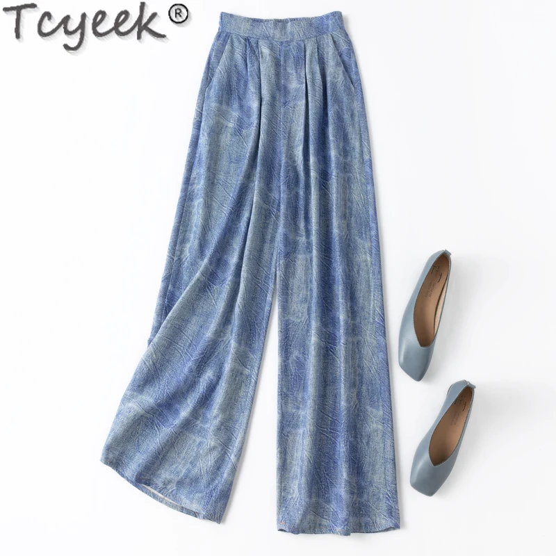 

Tcyeek 100% Mulberry Silk Long Pants Elegant Pants for Women High-waisted Pants Summer Clothes Wide Leg Woman Trousers 2024